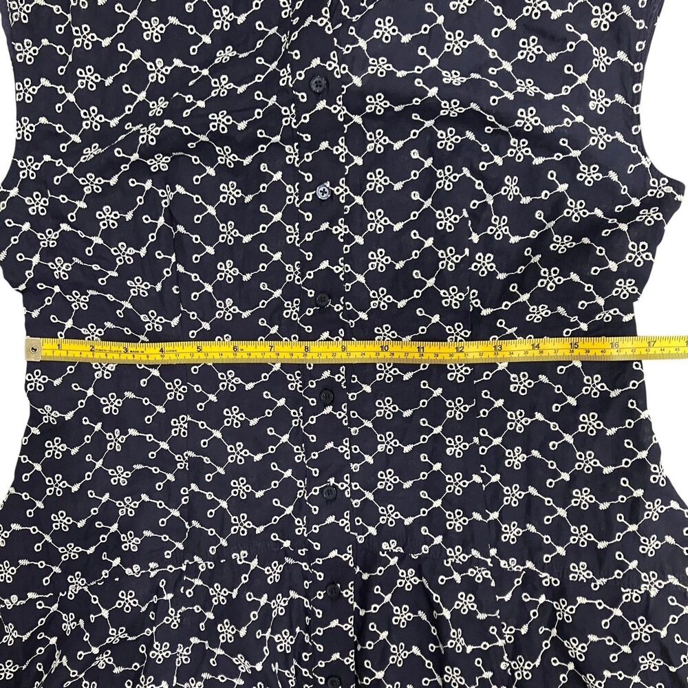 J Crew Mini Eyelet Shirt Dress Womens 10 Navy Blue Sleeveless Button Front Godet - Picture 7 of 13